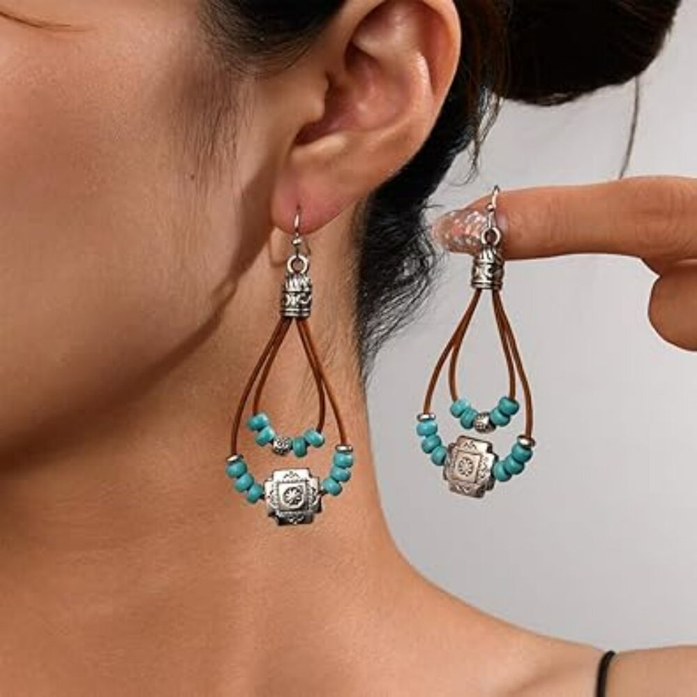 Boho Earring Set Turquoise Flower Leather Braid Dangle Drop Earring Western‎